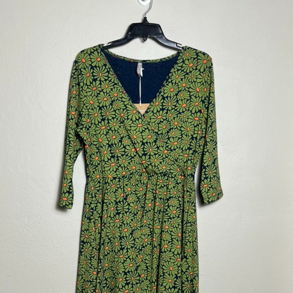 Mata Traders Floral Dress Organic Cotton Green Orange Stretch NWT Fair Trade